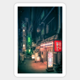 Dark City vibe midnight Green backstreet in Tokyo. Sticker